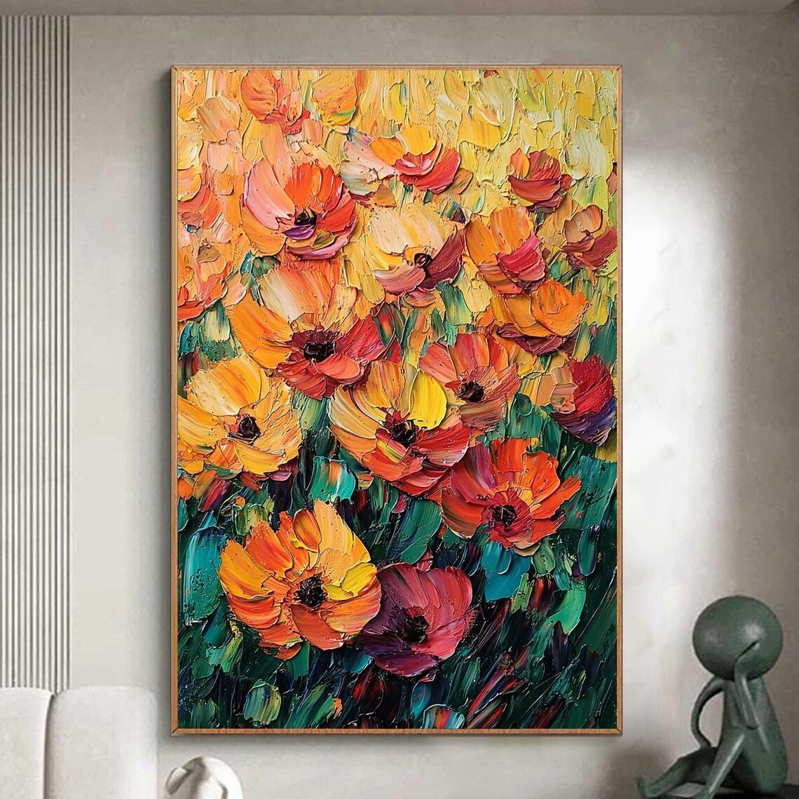 Custom Orange Flowers Oil Painting, Boho Wall Art Print