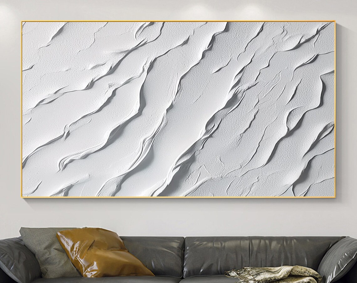White 3D Textured Wave Abstract Minimalist Oil Painting Poster