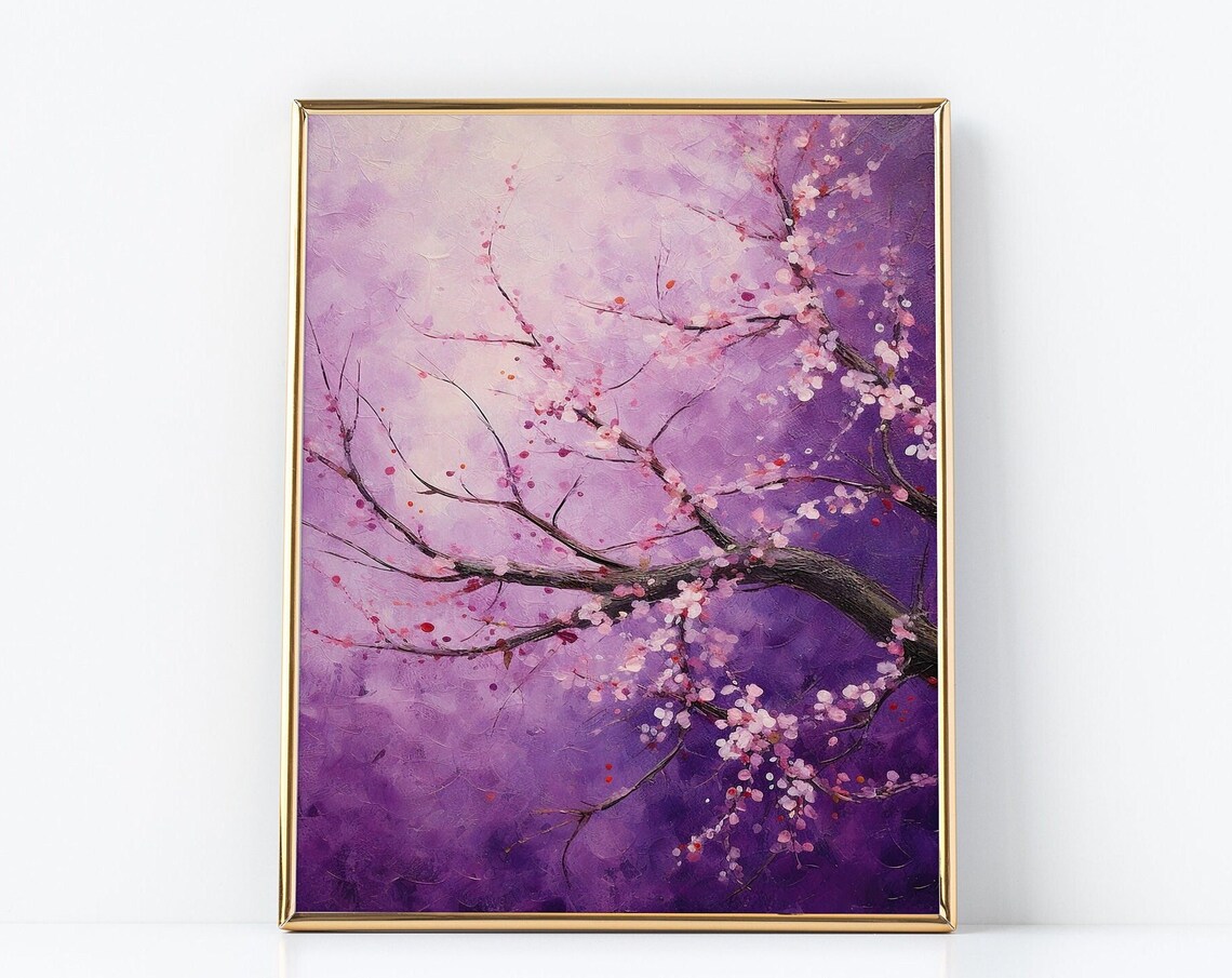 Cherry Blossom Branches Dreamy Purple Floral Oil Painting Poster