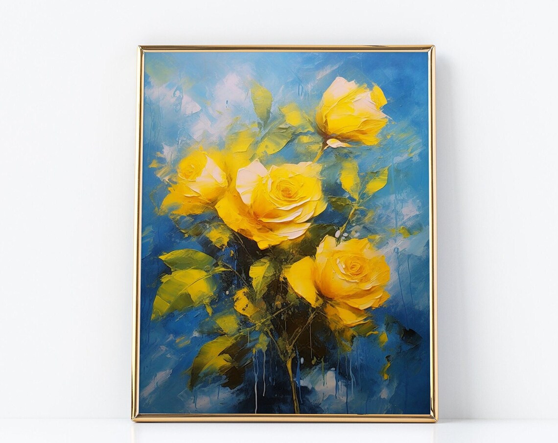 Vibrant Yellow Roses On Blue Background Bold Floral Art Poster