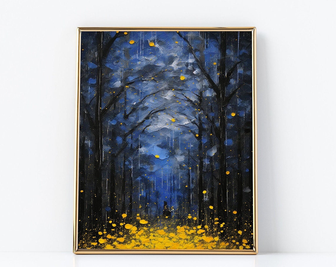Midnight Forest With Glowing Golden Fireflies Enchanted Night Poster