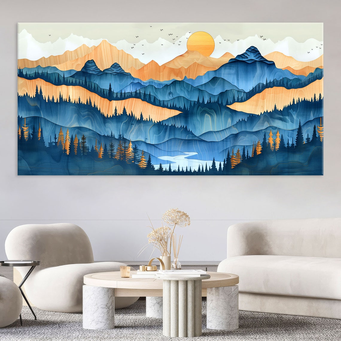 Layered Blue Orange Mountain Valleys Sunset River Pines Art Poster