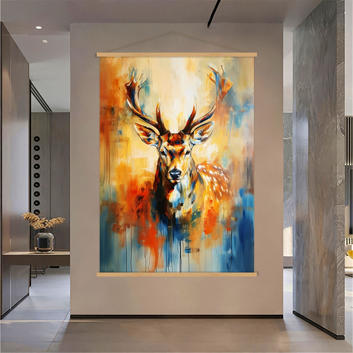 Abstract Blue Orange Stag Poster with Paint Splatter Wildlife Artwork