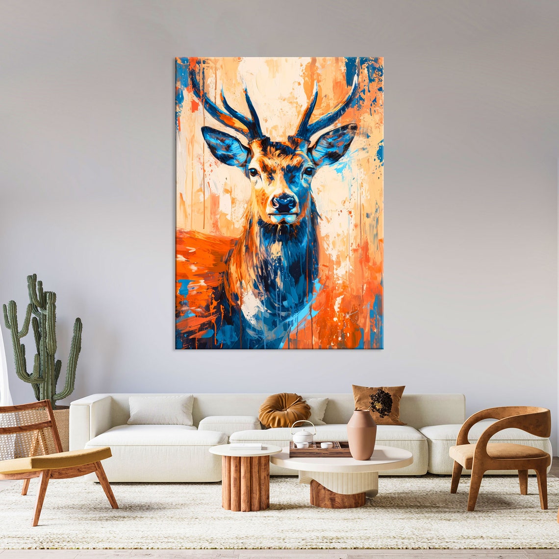 Vivid Blue and Orange Stag Portrait Poster in Abstract Painting Style - Image 2