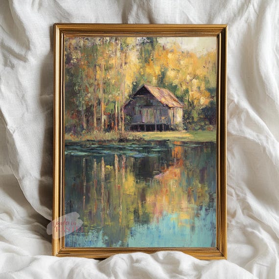 Impressionist Cozy Autumn Lake Painting Landscape Wall Art Modern Home Decor Fine Print