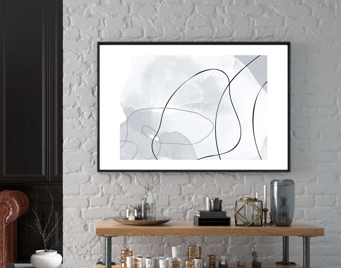 Grey White Abstract Flowing Line Loops Minimalist Art Poster - Image 2