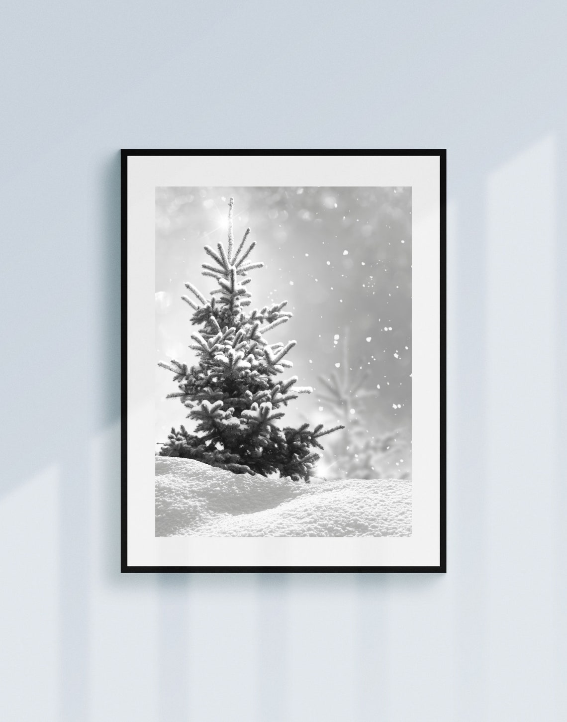 Snowy Evergreen Tree Black White Winter Christmas Photography Poster - Image 3