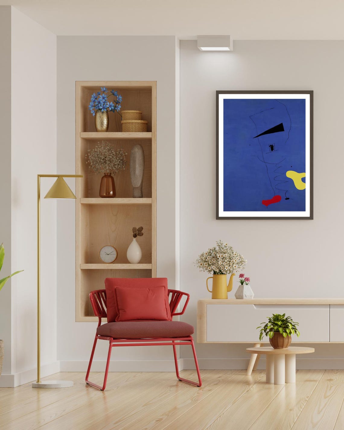 Modern Cobalt Blue Abstract Scribble Bold Red Yellow Shapes Poster - Image 2