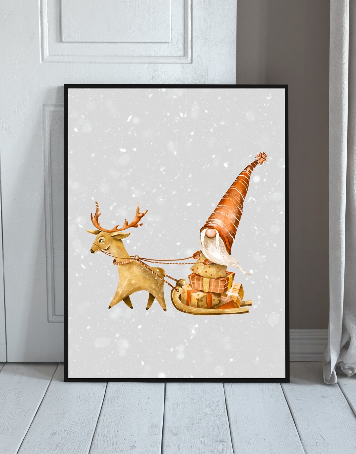Christmas Gnome Sleigh Reindeer Watercolor Cute Holiday Poster - Image 3