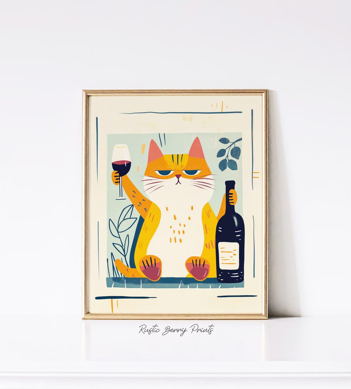 Retro Orange Tabby Cat Wine Glass Vintage Bar Kitchen Art Print Poster - Image 3