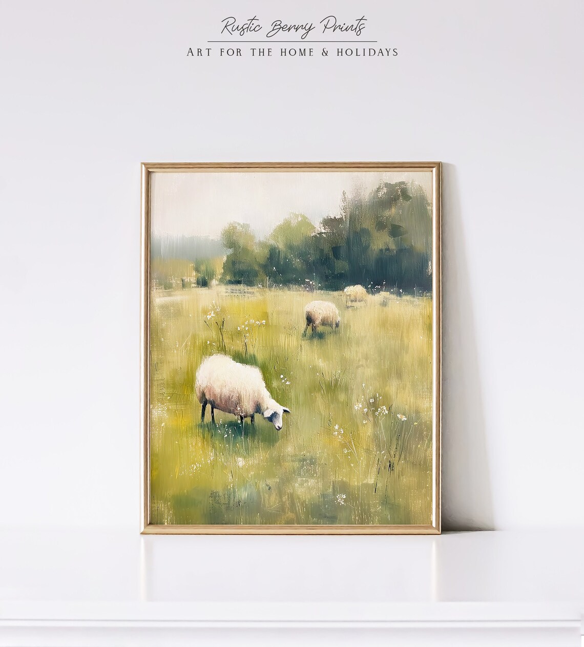 Sheep Grazing Sunny Meadow Pastoral Farm Landscape Oil Painting Poster