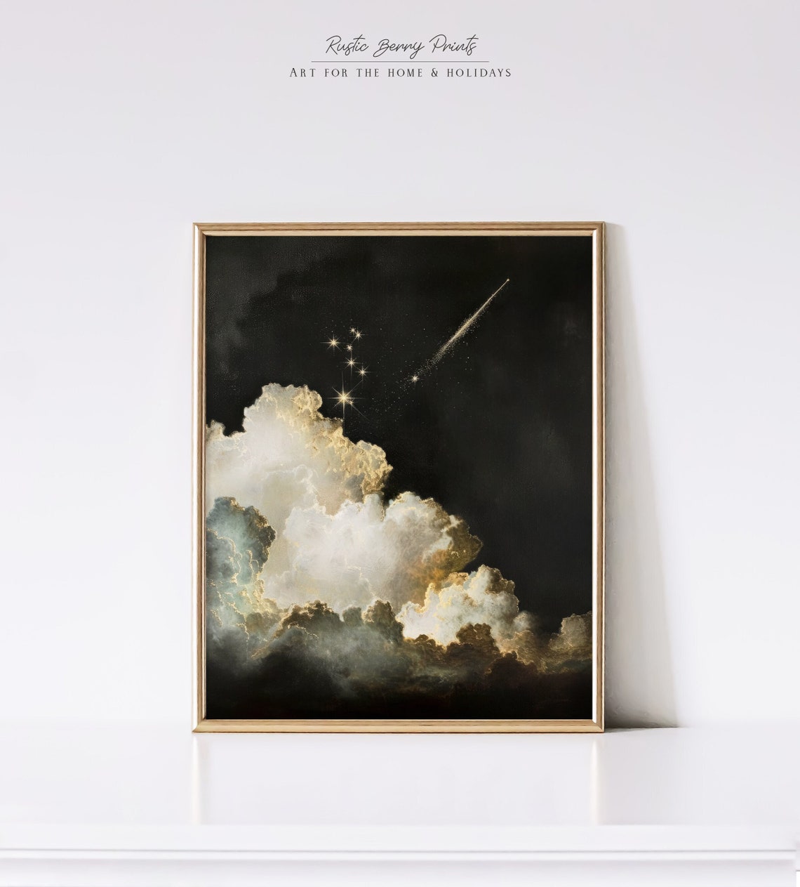Shooting Star Over Golden Clouds Celestial Night Sky Wall Art