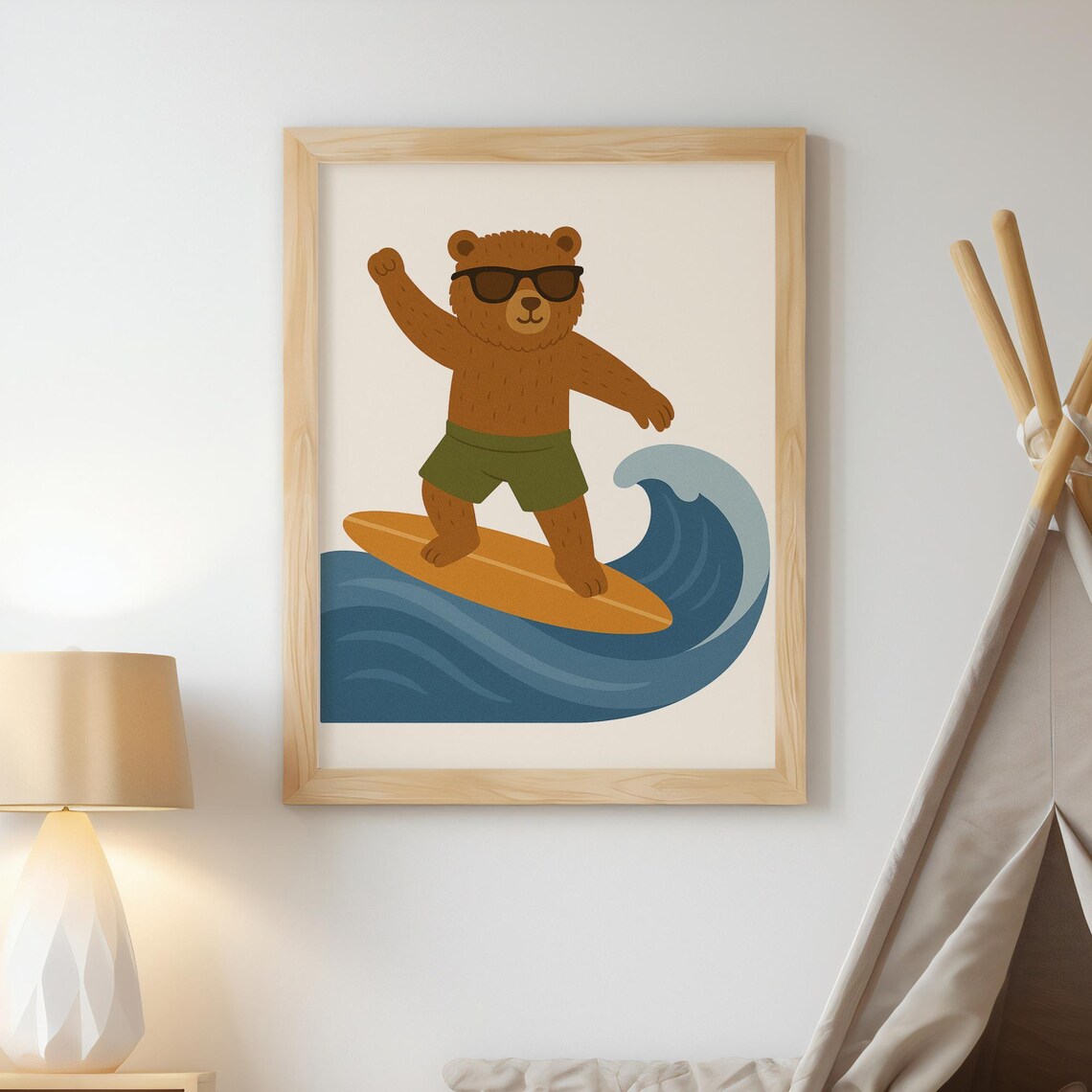 Surfing Bear Beach Animal Nursery Decor Poster