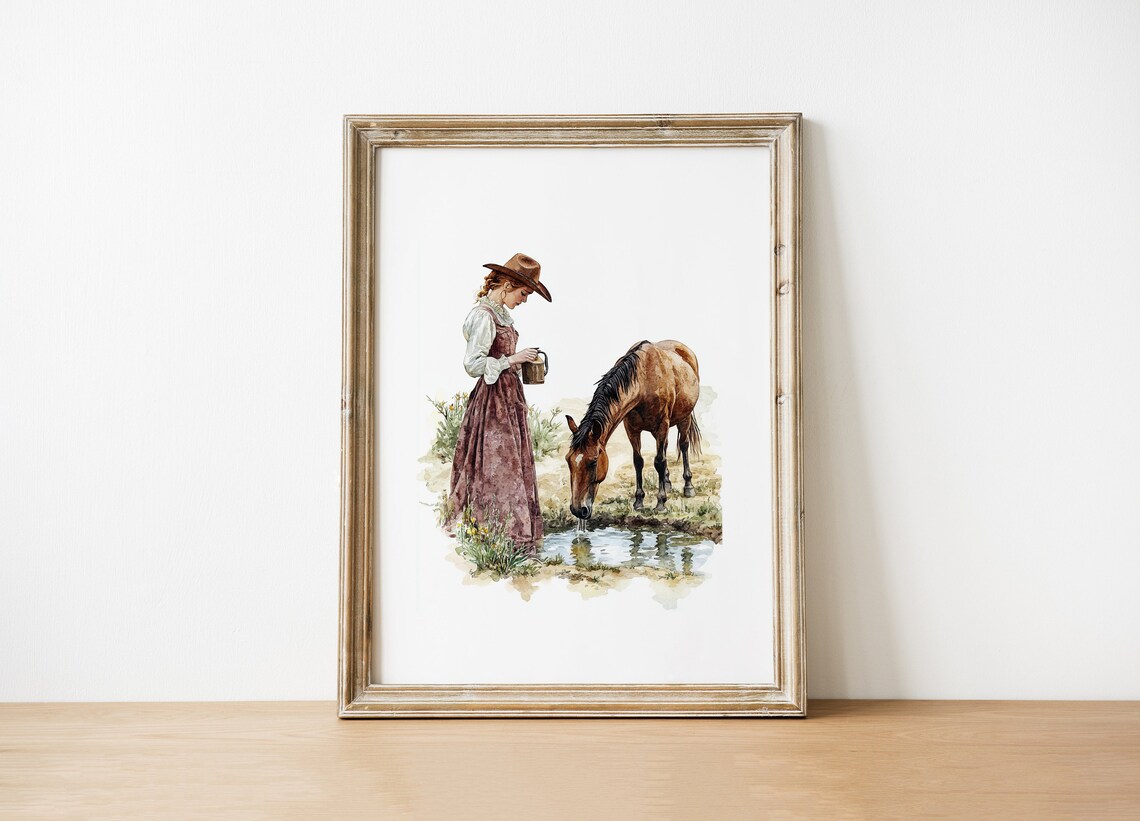 Western Girl with Horse Drinking Water Watercolor Country Poster