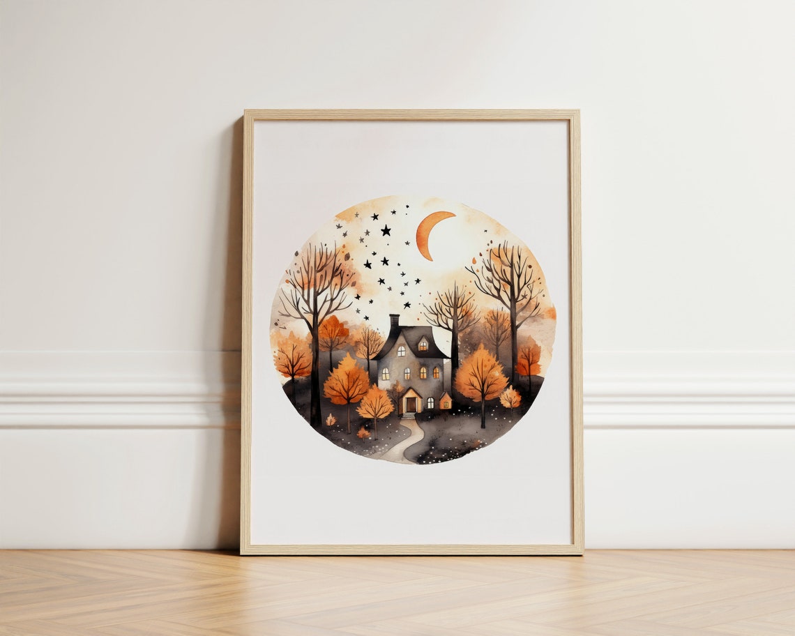 Haunted House in Orange Forest Circle Halloween Night Wall Poster