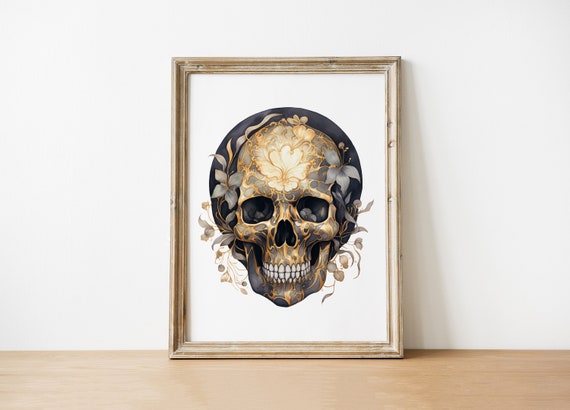 Instant Artwork Black And Gold Art Deco Floral Skull Print Gothic Wall