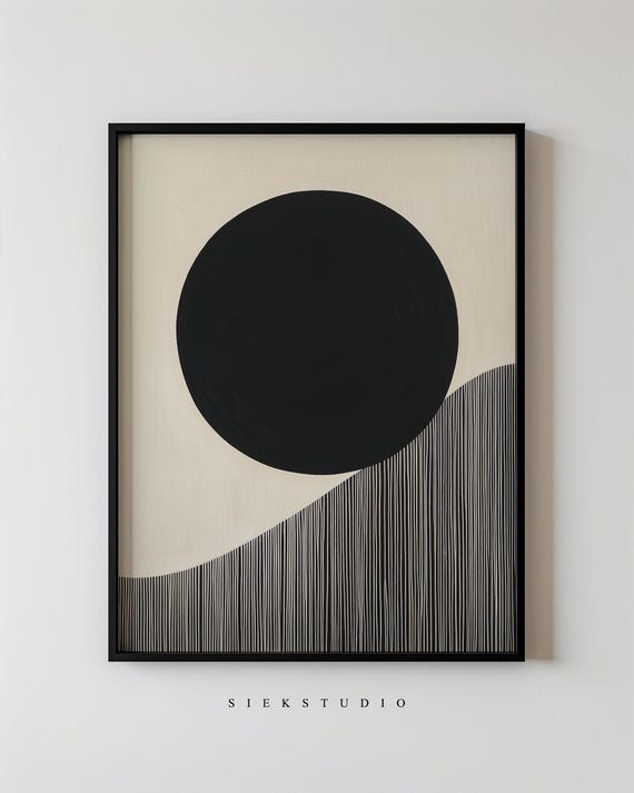Black And Beige Minimalist Circle Line Art Modern Abstract Geometric Wall Large Statement Decor Boho Print