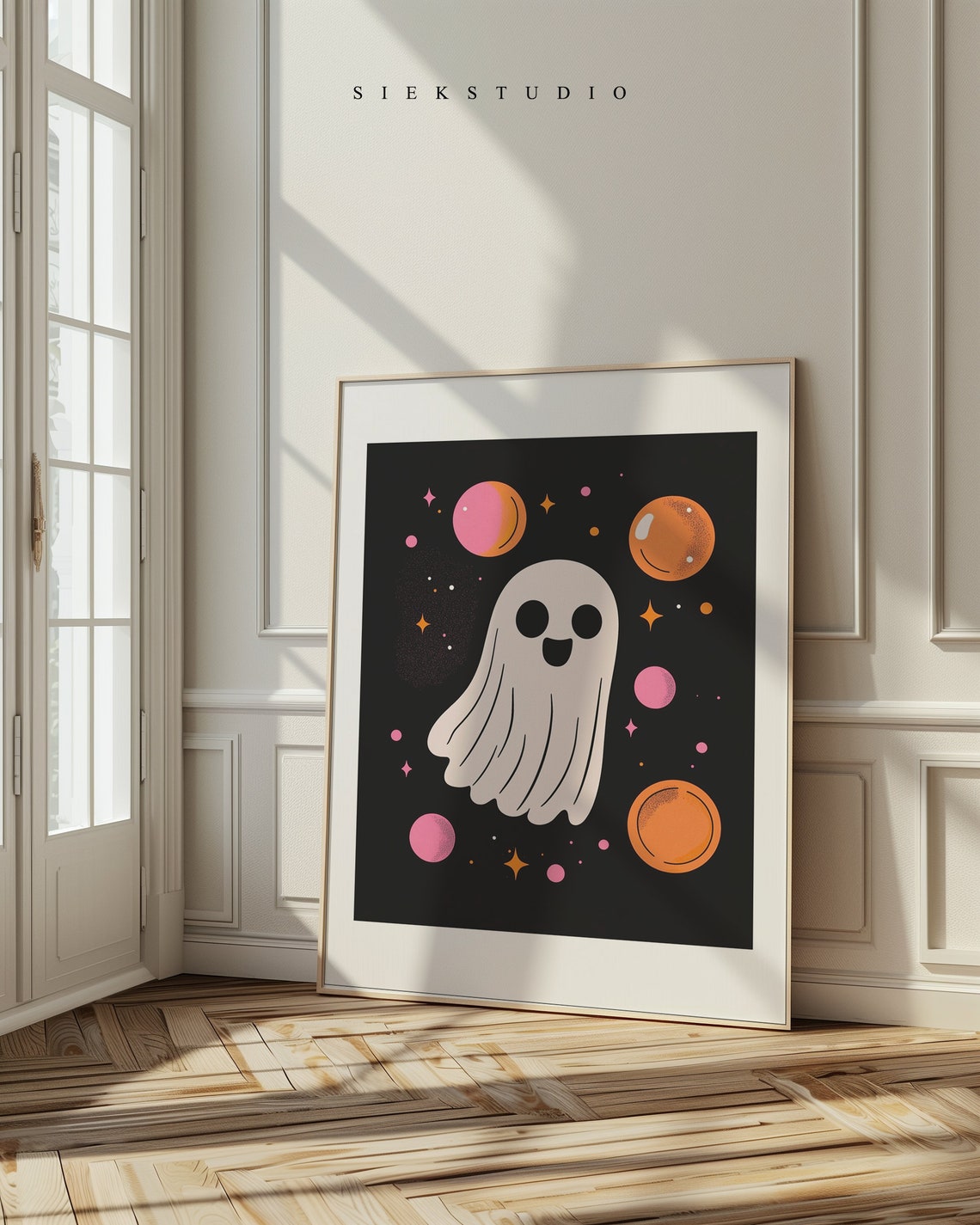 Cute Kawaii Ghost Floating Among Planets Spooky Halloween Poster - Image 2