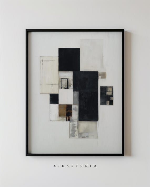 Abstract Geometric Wall Art Minimalist Neutral Block Shapes Modern Patchwork Black And White Beige Brown Contemporary Decor