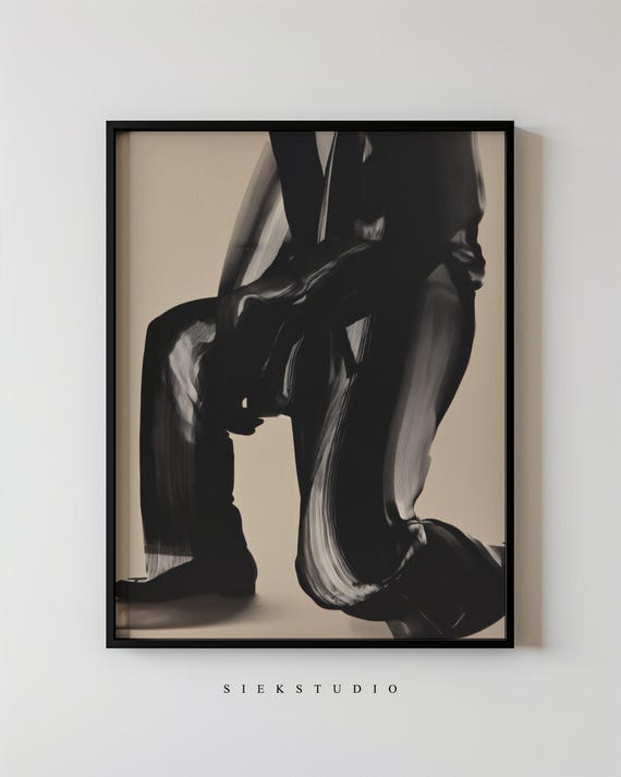 Abstract Minimalist Kneeling Figurative Art Modern Black And Beige Brushstroke Wall Contemporary Home Expressionist Artwork 170