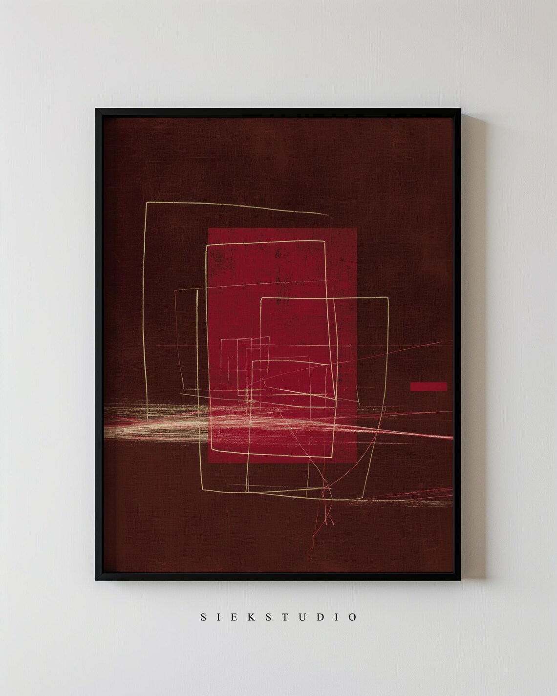 Abstract Modern Burgundy Red Block Wall Art Minimalist Lines Geometric Drawing Home Contemporary Neutral Decor 177