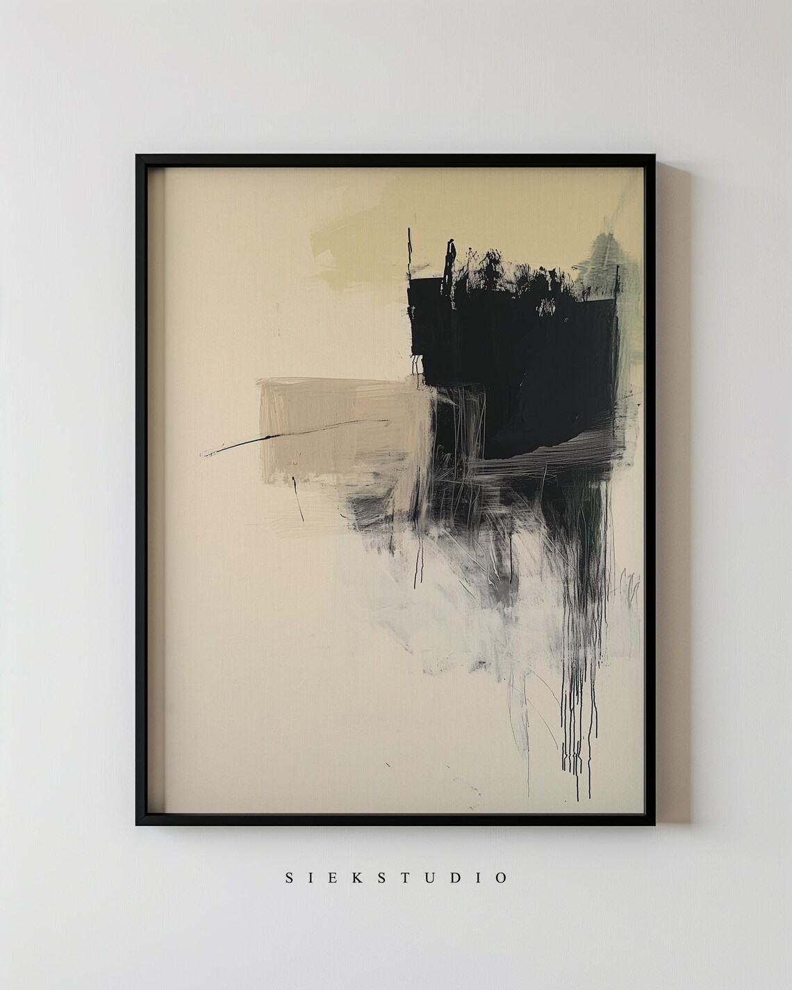 Minimalist Abstract Painting Modern Drip Art Neutral Expressionist Black And Beige Wall Decor Bold Contemporary Gallery Artwork