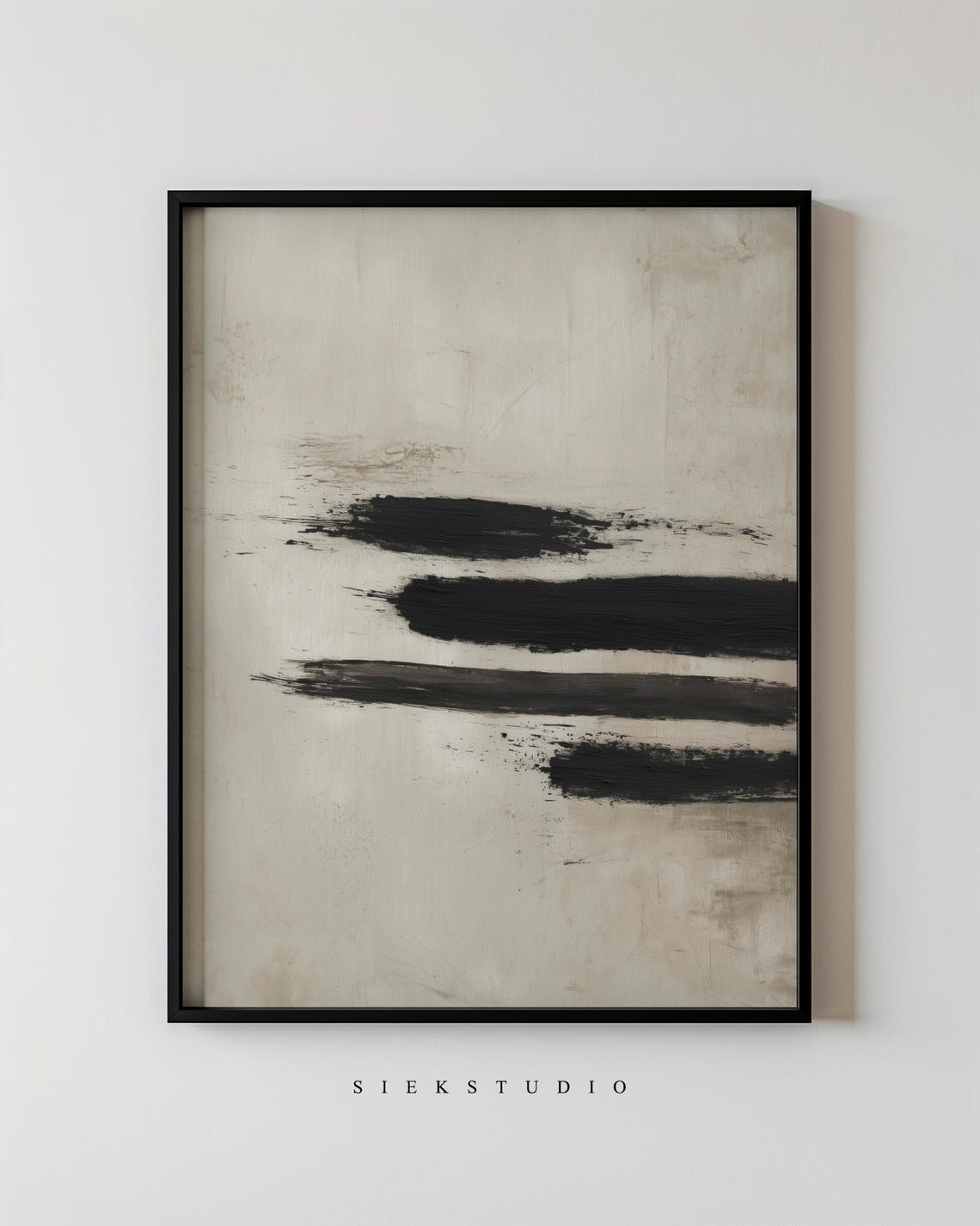 Black Horizontal Brushstroke Lines on Beige Abstract Art Poster