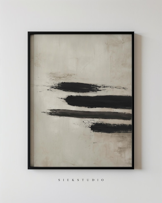 Abstract Minimalist Black Brushstrokes On Beige Painting Modern Neutral Living Room Wall Art Contemporary Expressionist Decor 244