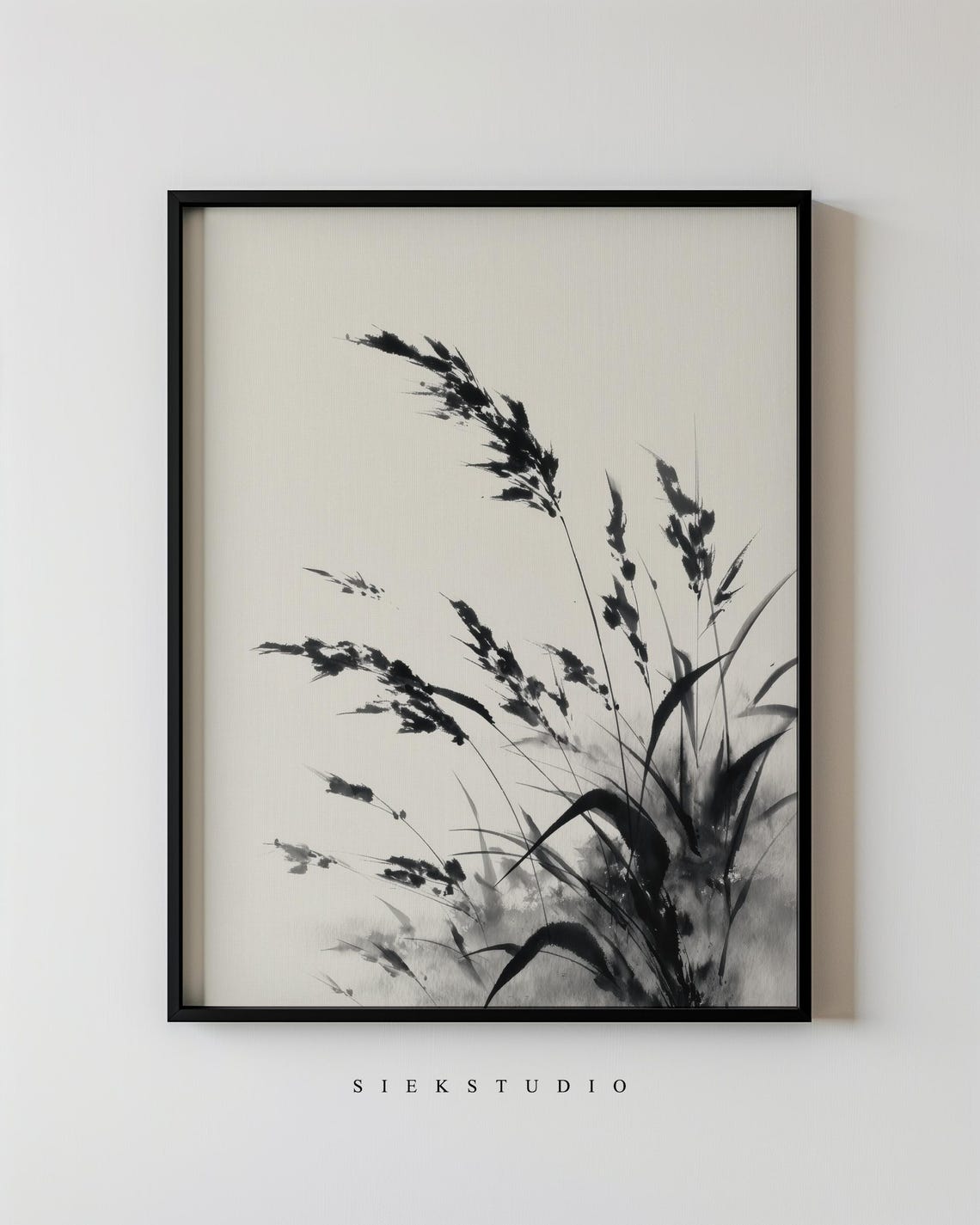 Black Ink Wild Grasses Sumi E Style Minimalist Botanical Art Poster