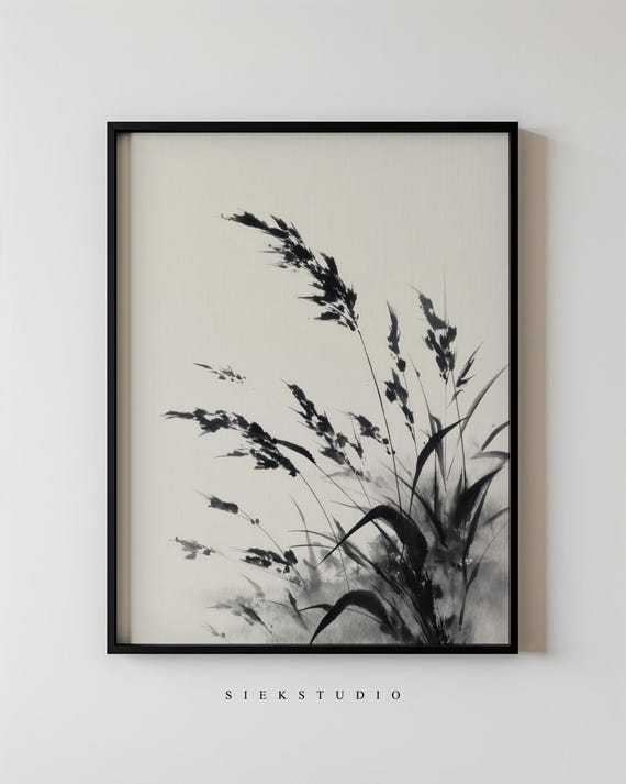 Minimalist Botanical Wall Art Abstract Flower Grass Plant Ink Black And White Floral Artwork Modern Neutral Natureinspired Decor