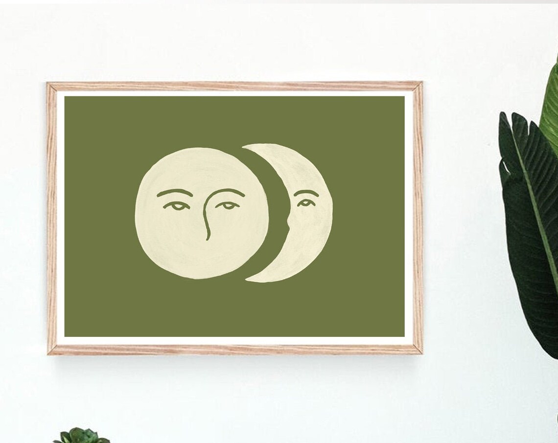 Neutral Green Moon Phases Abstract Landscape Art Print