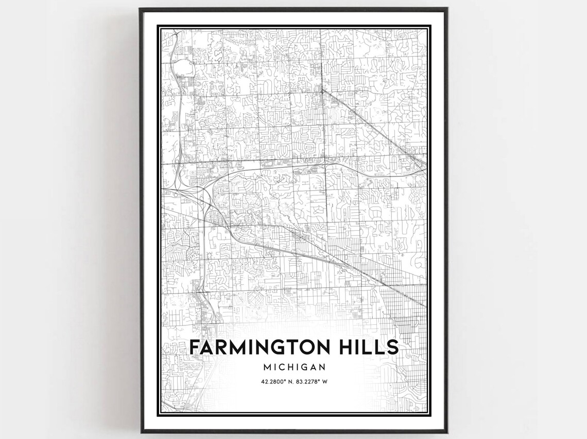 Farmington Hills Map Print, Michigan Street Decor