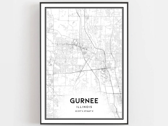 Gurnee Map Print Poster Wall Art Il City Illinois Street Decor Road Gift B1868
