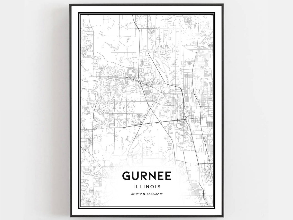 Gurnee Illinois City Street Map Art Print With Coordinates Decor