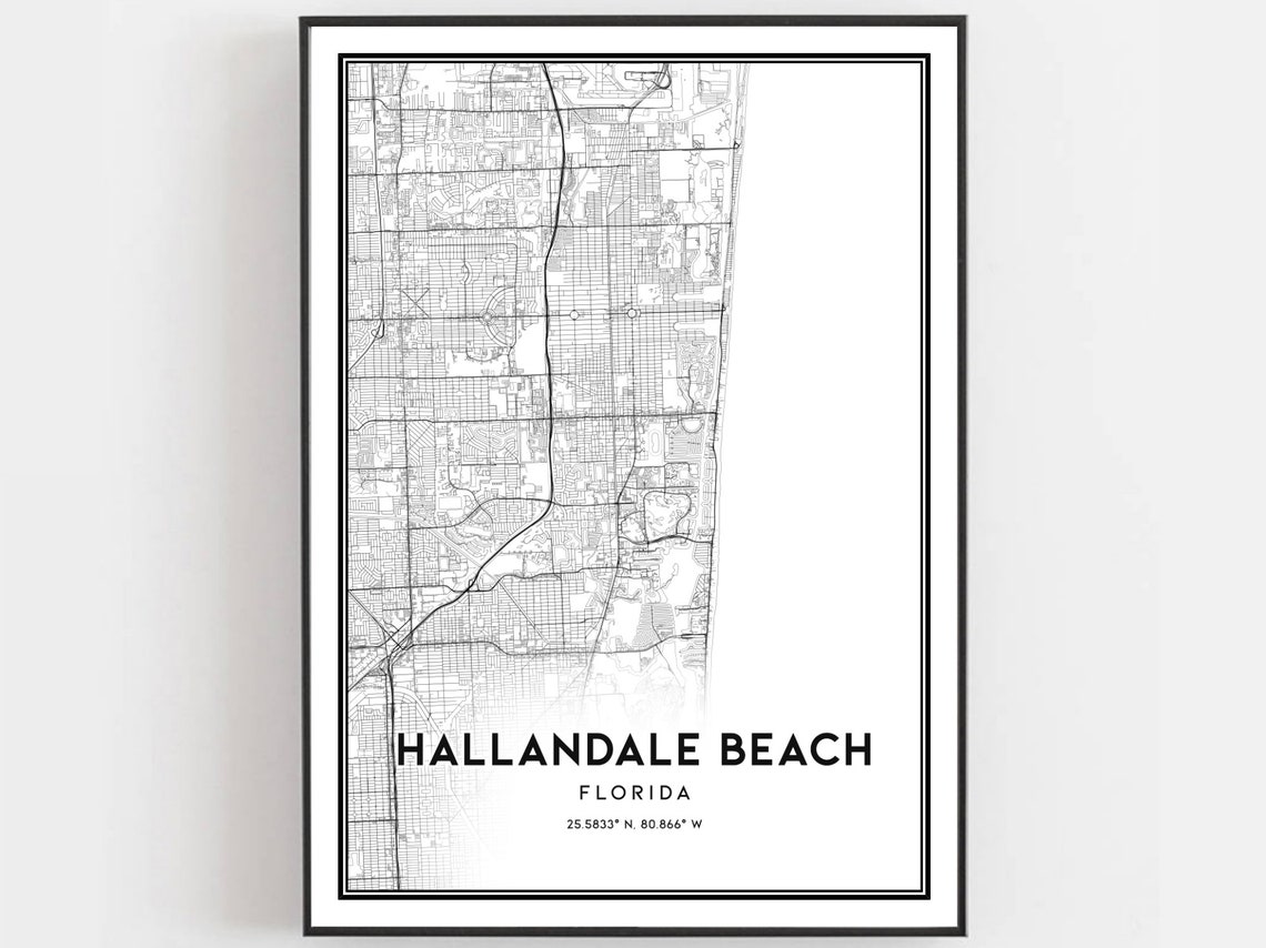 Hallandale Beach Florida Minimalist Black White City Street Map Poster