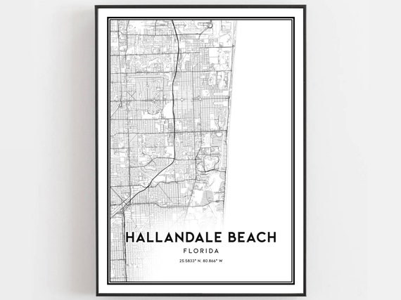Hallandale Beach Map Print Poster Wall Art Fl City Florida Street Decor Road Gift B1621