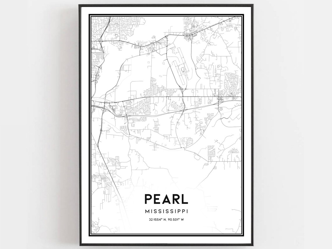 Pearl Mississippi Minimalist Black and White City Map Wall Art