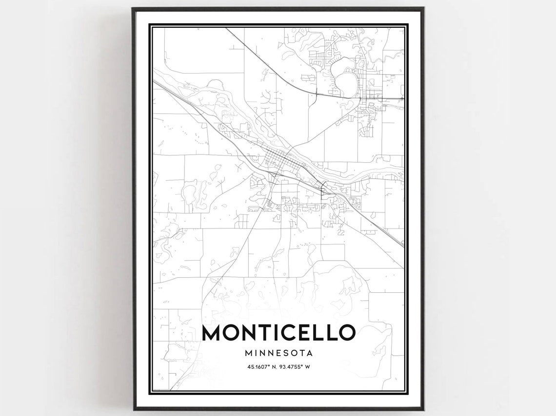 Monticello Minnesota Minimalist Black and White City Map Wall Art