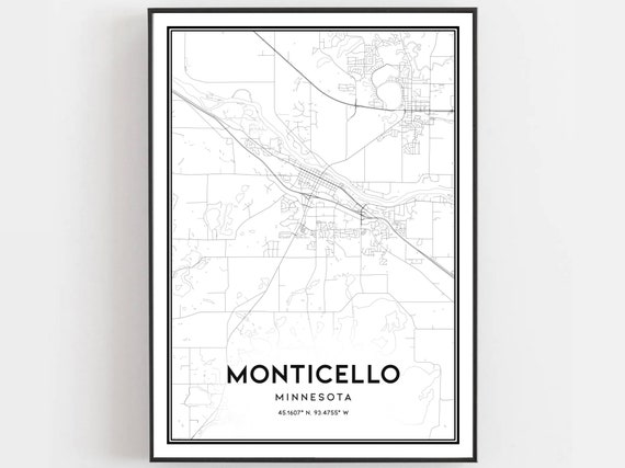 Monticello Map Print Poster Wall Art Mn City Minnesota Street Decor Road Gift B2045