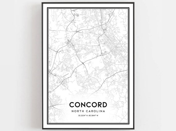 Concord Map Print Poster Wall Art Nc City North Carolina Street Decor Road Gift B562