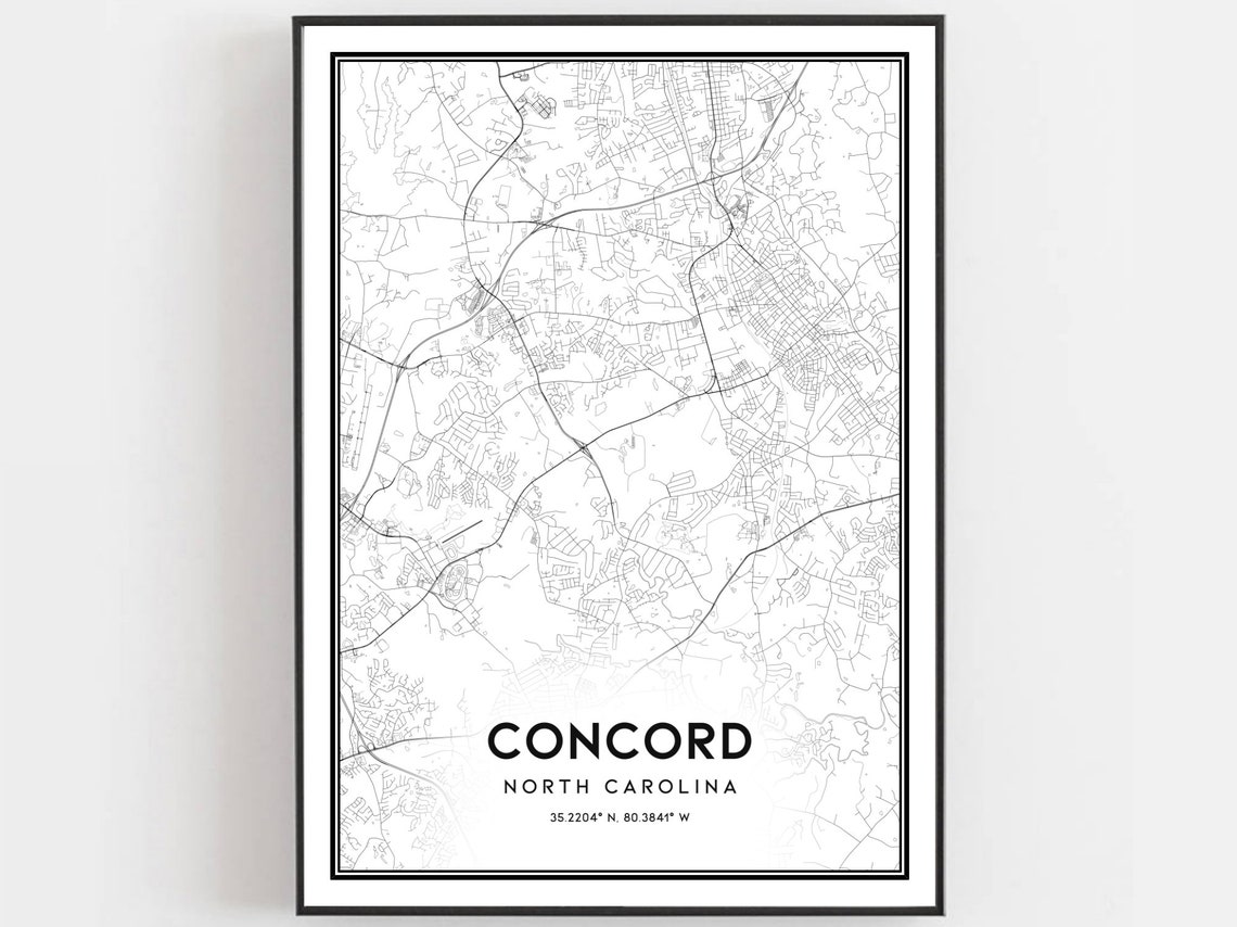 Concord North Carolina Minimalist Black White Street Map Poster