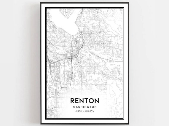 Renton Map Print Poster Wall Art Wa City Washington Street Decor Road Gift B865