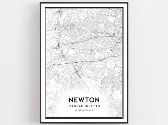 Newton Map Print Poster Wall Art Ma City Massachusetts Street Decor Road Gift B939