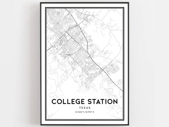 College Station Map Print Poster Wall Art Tx City Texas Street Decor Road Gift