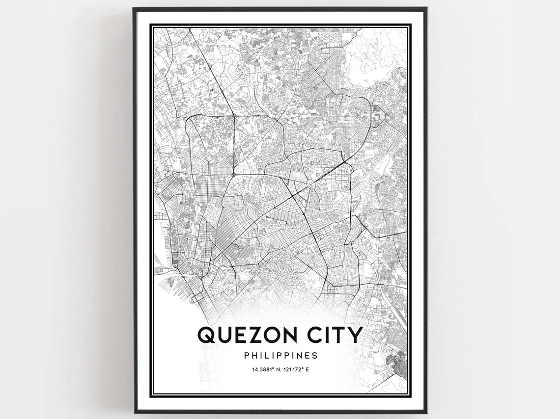 Quezon City Philippines Street Map Black and White Coordinates Art Poster