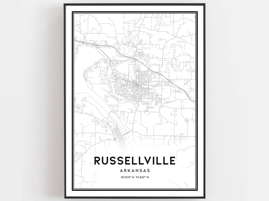 Russellville Arkansas City Street Map Minimalist Black White Poster