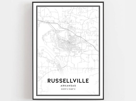 Russellville Map Print Poster Wall Art Ar City Arkansas Street Decor Road Gift