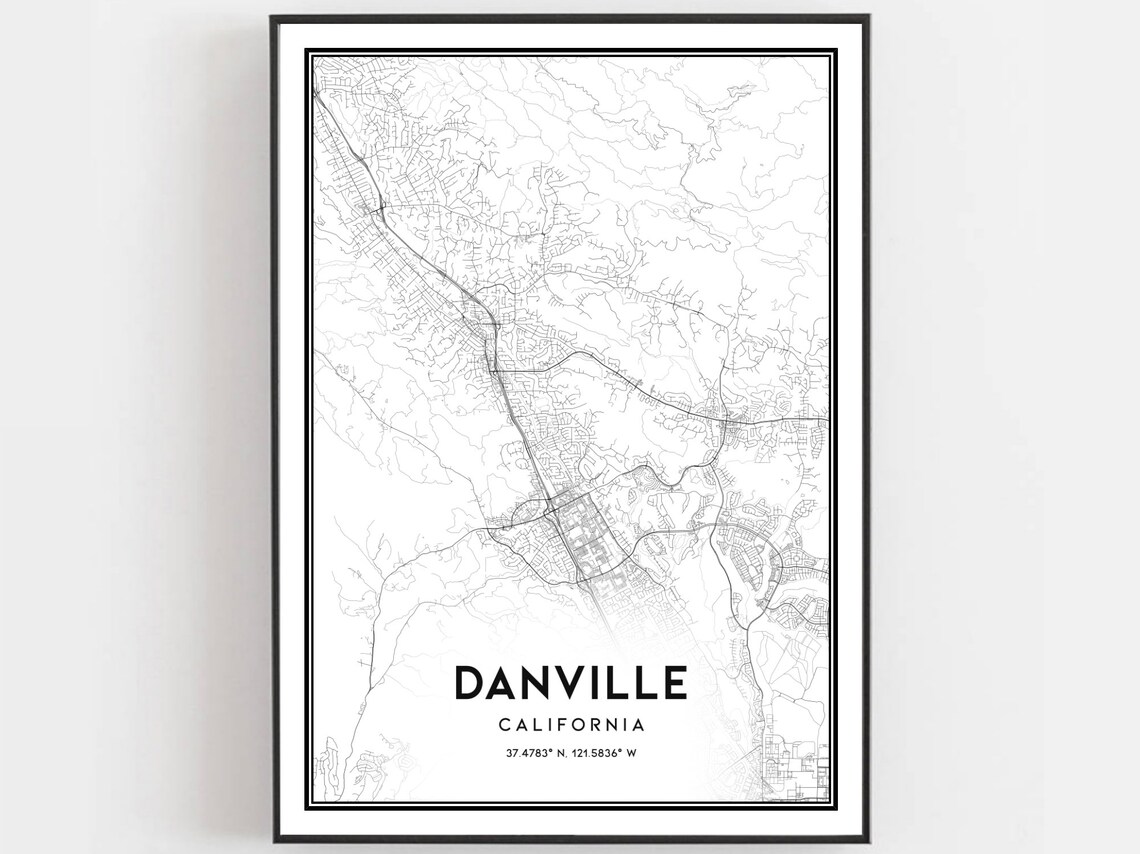 Danville California Minimal Black White Street Map Coordinates Art Poster