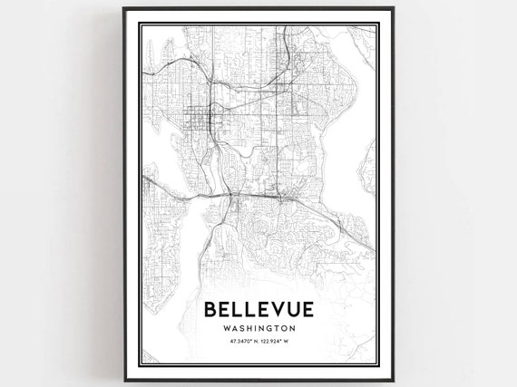 Bellevue Map Print Poster Wall Art Wa City Washington Street Decor Road Gift