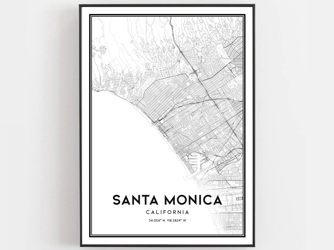 Santa Monica California City Street Map Poster Minimalist Wall Decor Home Gift